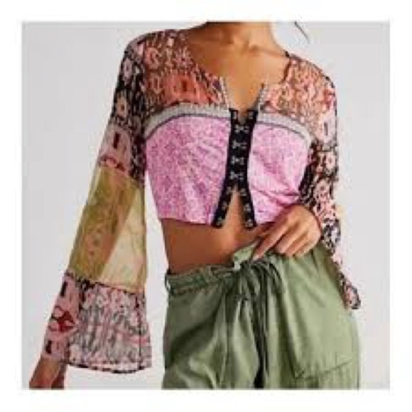 Free People Walk That Walk Print Corset Long Sleeve Cropped Mixed Print size M - Picture 2 of 8